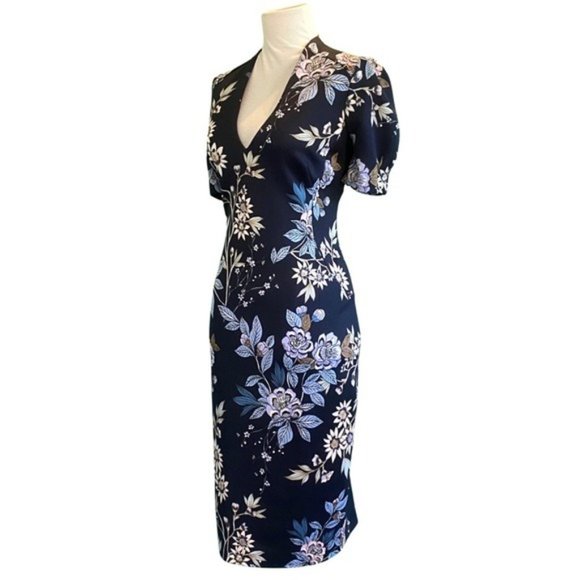 Vince Camuto Puffy Sleeve V-Neck Navy Blue Floral Scuba Knit Fabric Size 10 - Picture 3 of 7